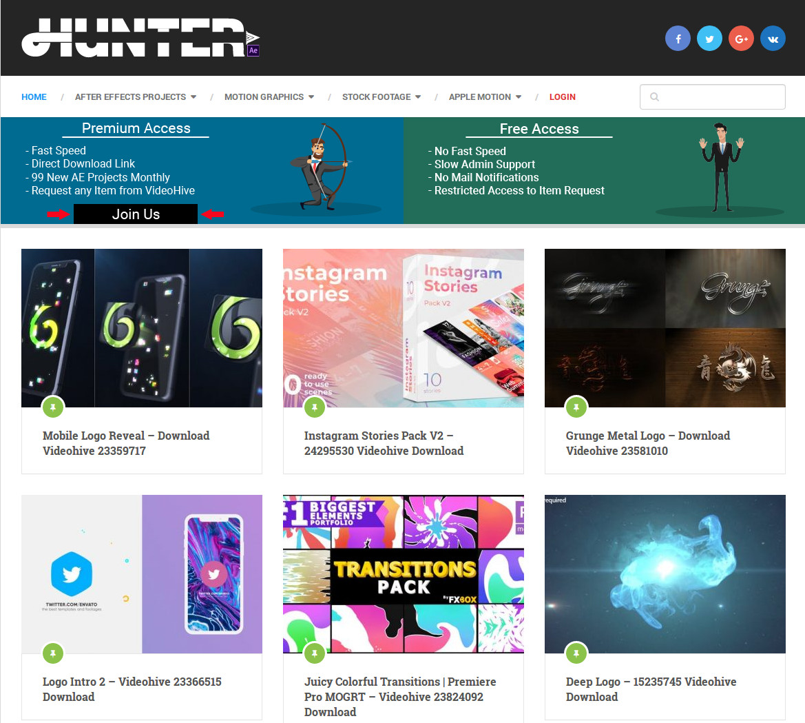 Hunterae.com — готовые проекты для Adobe After Effects скачать бесплатно