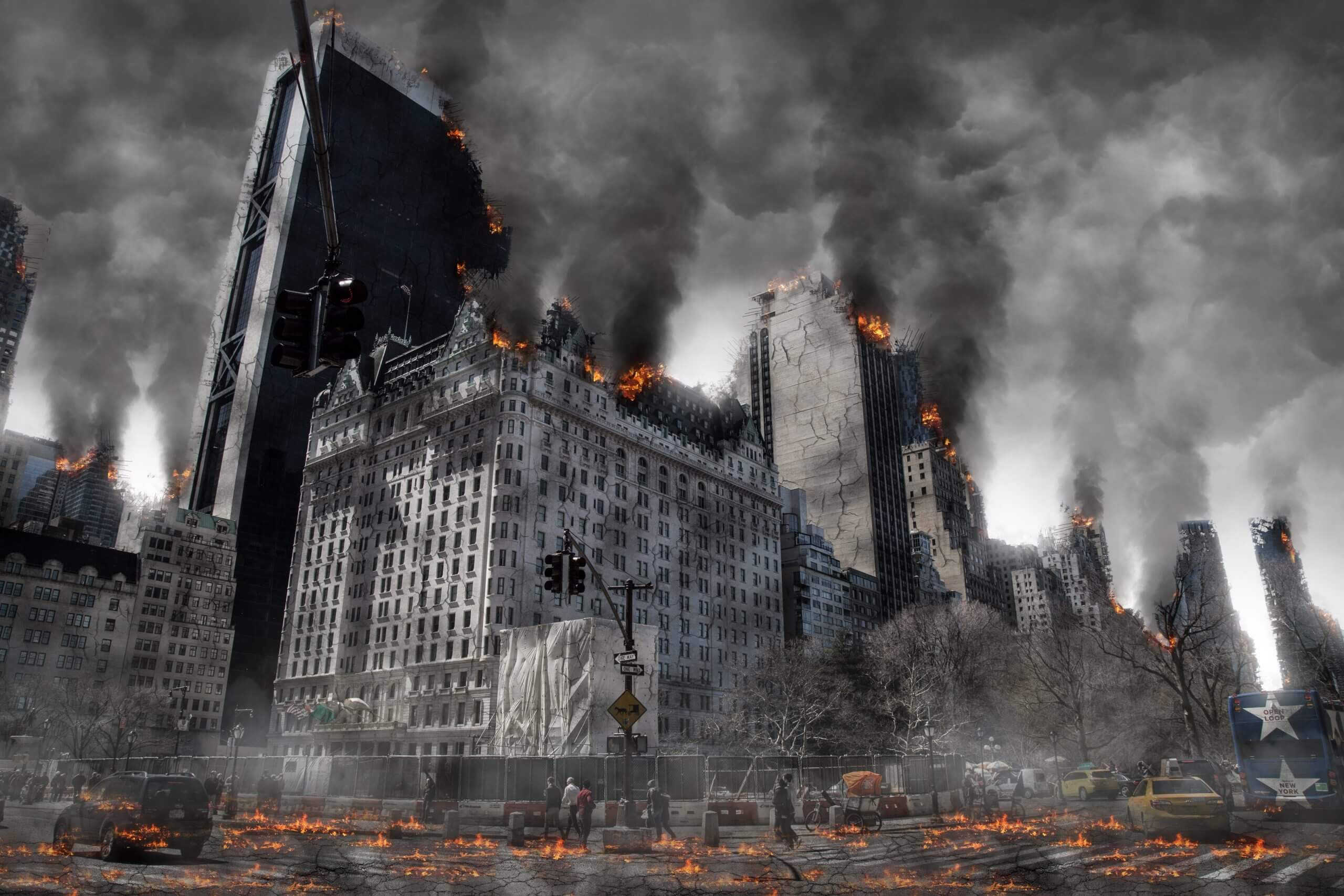 Конец света март. Разрушенный город. Атомный апокалипсис. Горящий город.